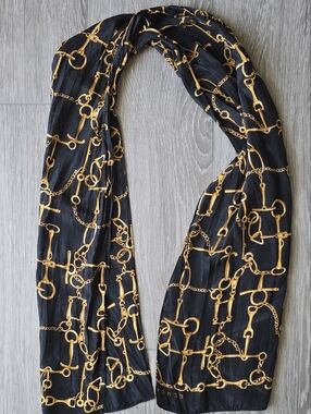 Echo Silk Feel Scarf Black Gold Chain Print Equestrian 9.5x50.5